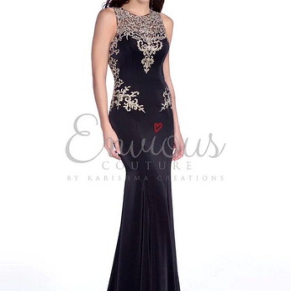 Envious Couture Black Embellished Illusion Open Back Gown Prom